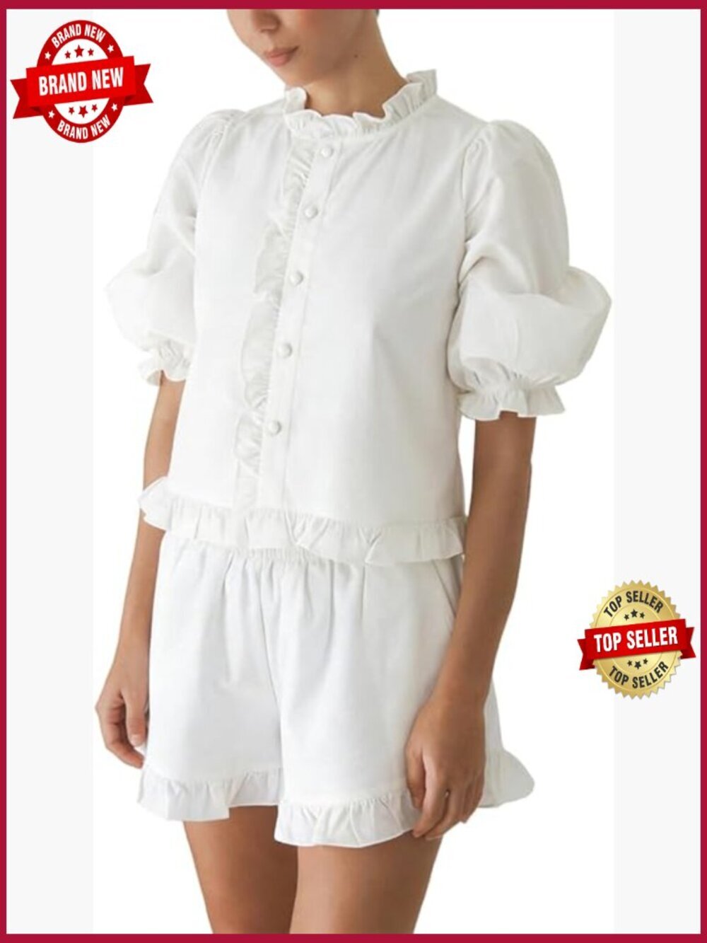 Women's Ruffle Short Set Puff Sleeve Button Down Top and Shorts 2 Piece Outfit